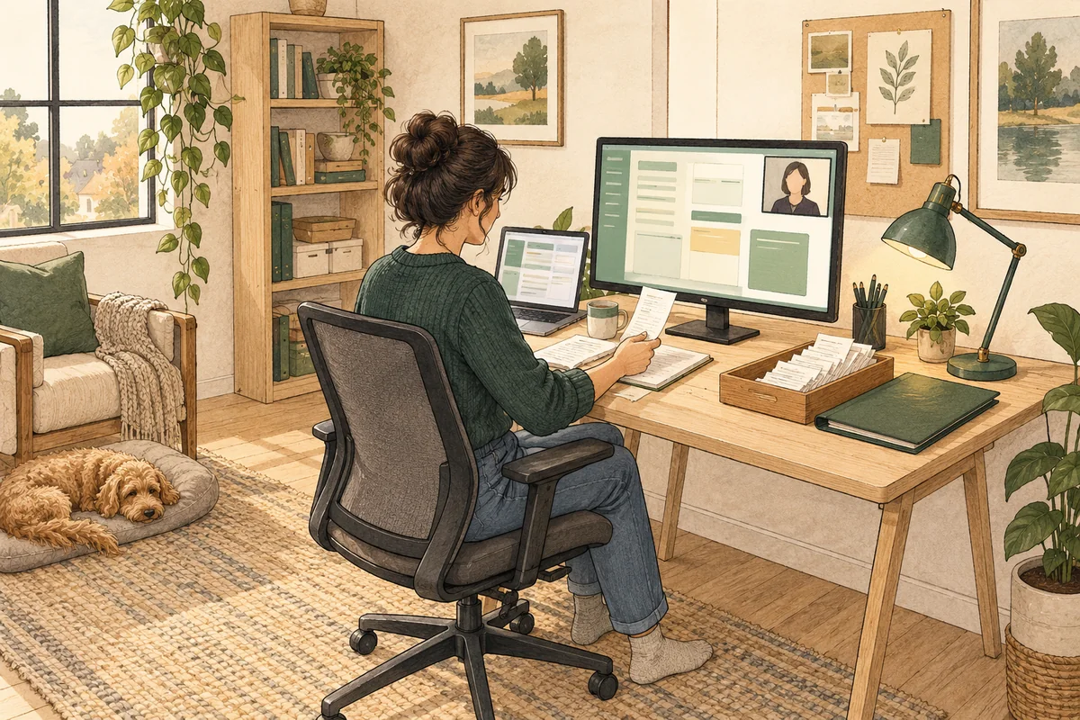 Illustration of a remote bookkeeper checking source documents with a colleague on a video call.