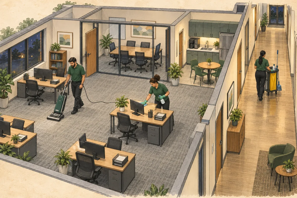 Illustration of Owner-led small team cleaning ordinary commercial offices under recurring contracts.