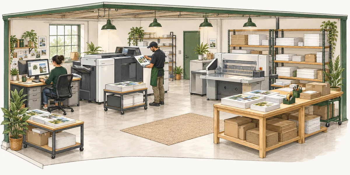 Editorial illustration of a compact digital commercial print shop with a sheet-fed production press, guarded cutter, paper storage, packing bench and two paid working roles.
