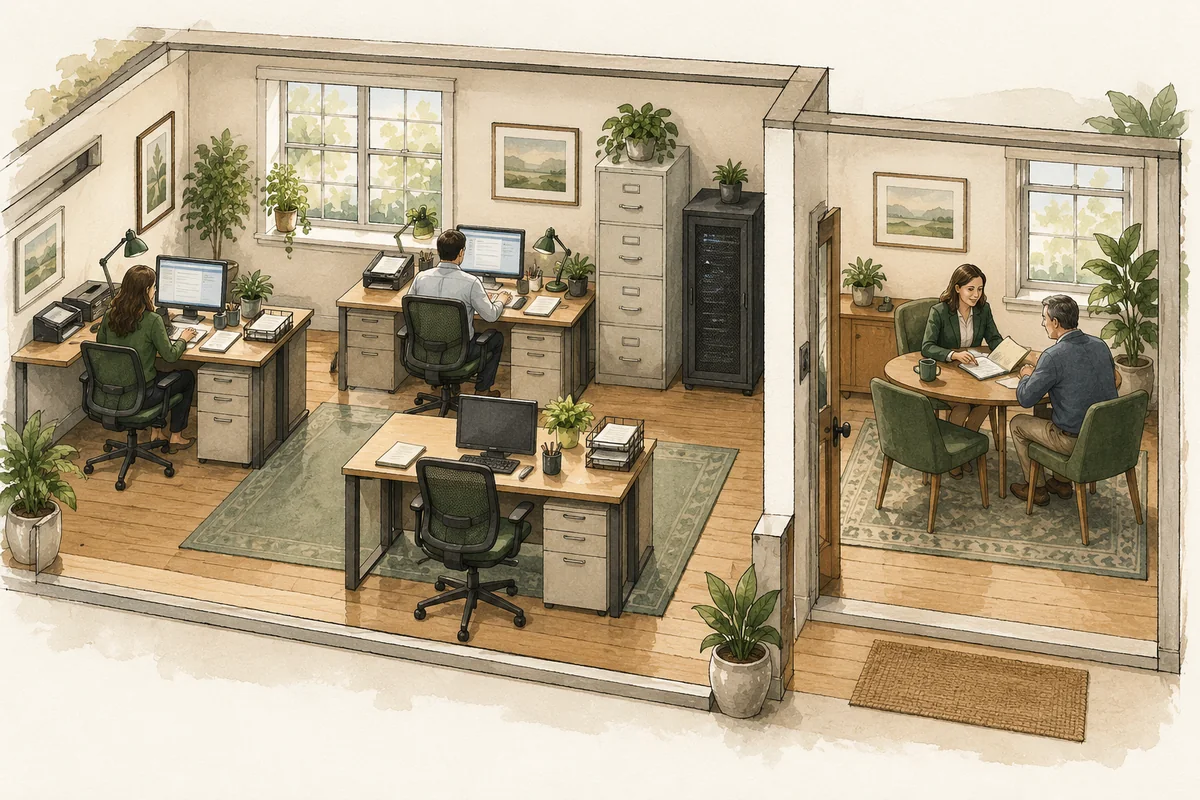 Small CPA office with preparation workstations, a separate client-review meeting area and secure storage.