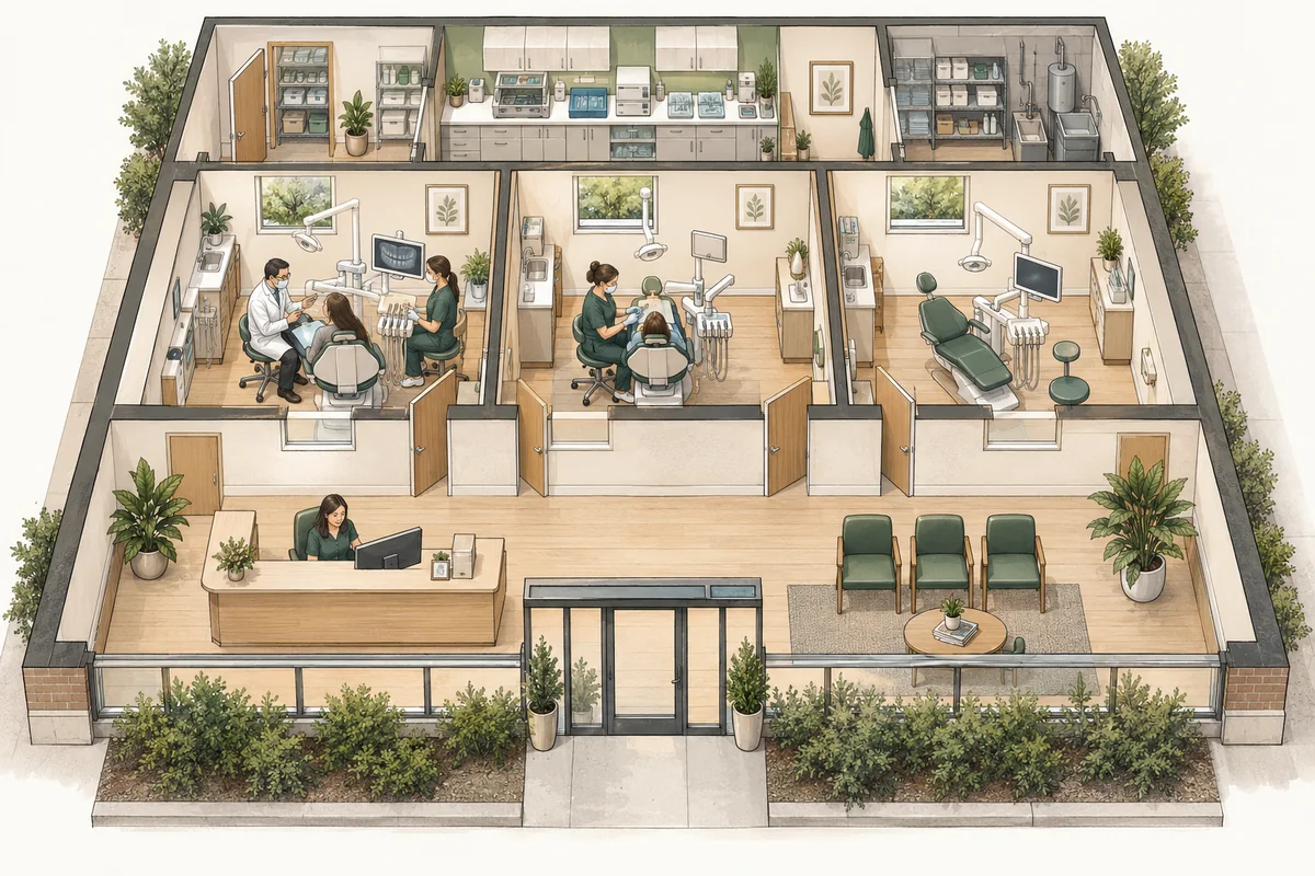 Illustrative three-room general dental practice with owner dentist and assistant, hygienist, spare treatment chair, reception and central instrument reprocessing.