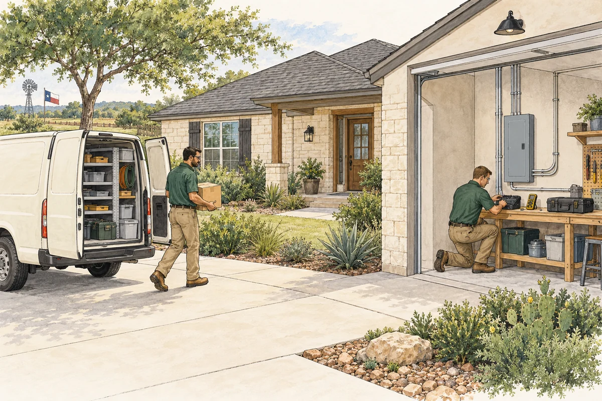 Illustration of Small licensed residential electrical service and installation crew: one master/owner plus one journeyman and one van.