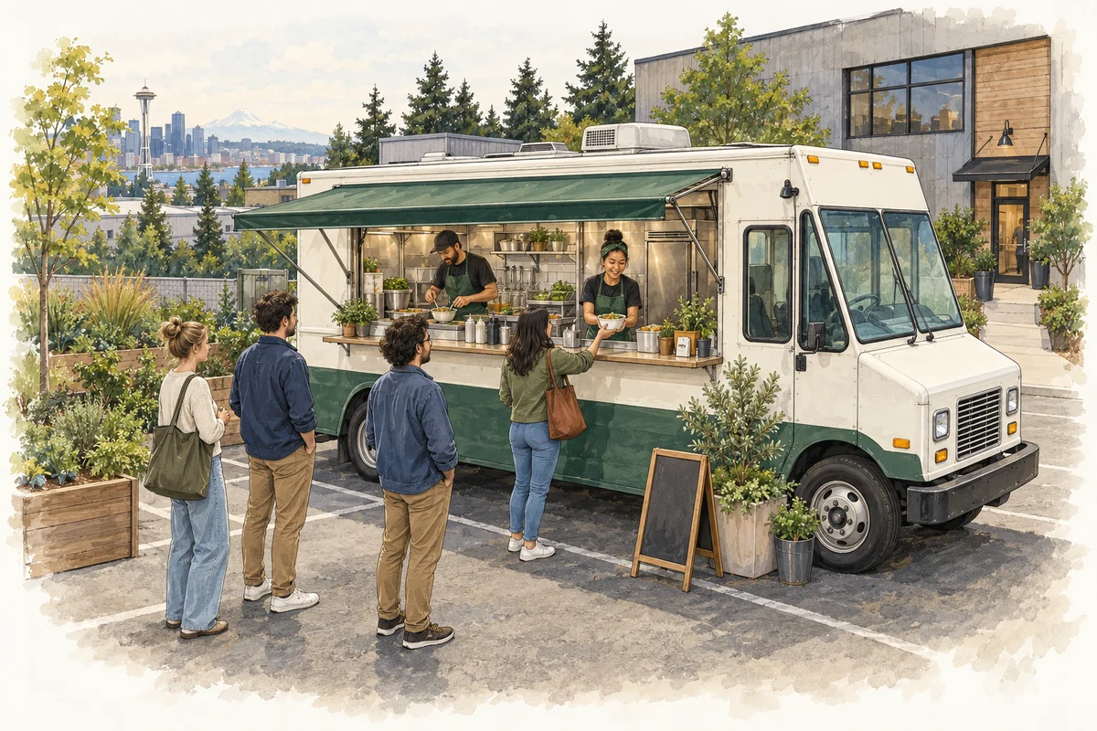 Illustration of One owner-operated bowl-menu food truck; five three-hour private-site service windows per week.