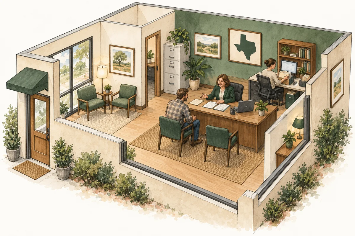 Editorial illustration of a small independent insurance agency consultation office with two secure workstations.