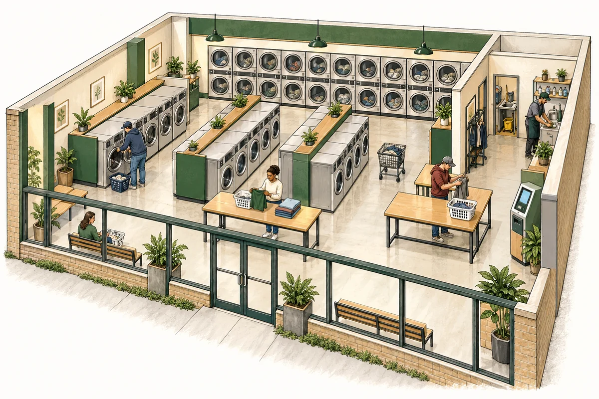 Illustration of Leased coin/card laundromat; no dry cleaning or wash-and-fold.