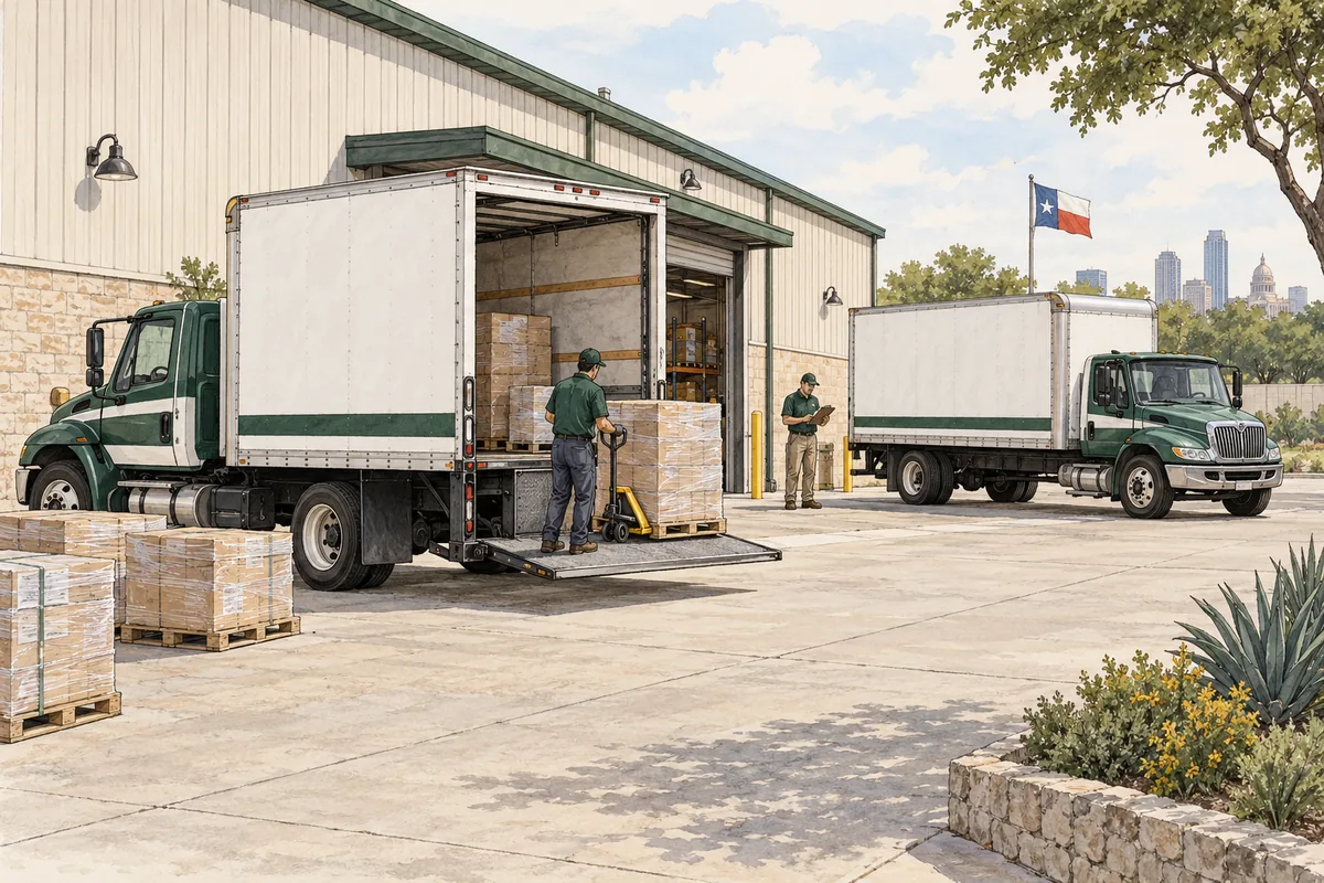 Editorial illustration of two local dry-box liftgate trucks handling commercial pallets at a modest warehouse.