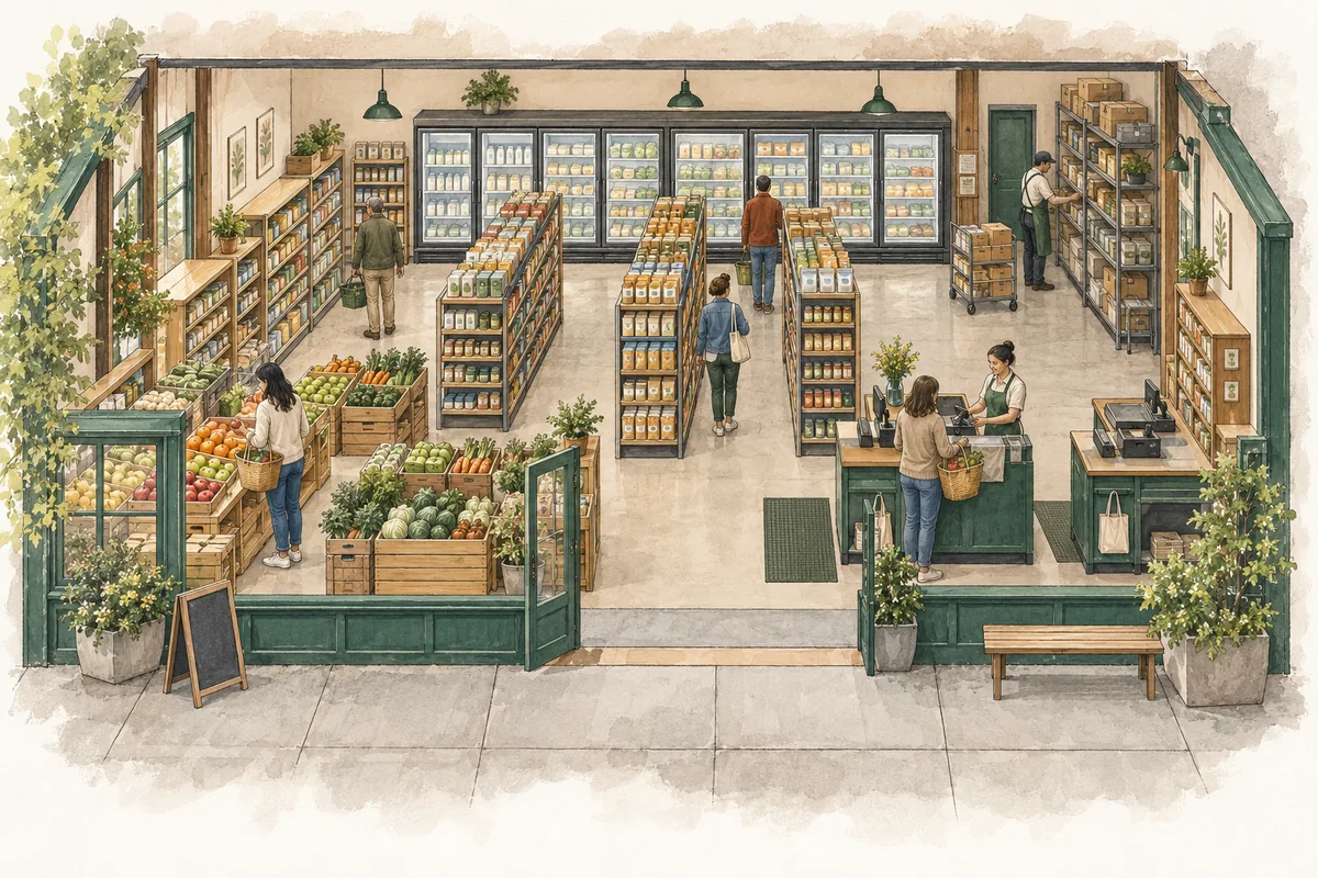 Illustrative small neighborhood grocery with produce bins, pantry aisles, refrigerated cabinets, two checkout lanes and separate stock receiving.