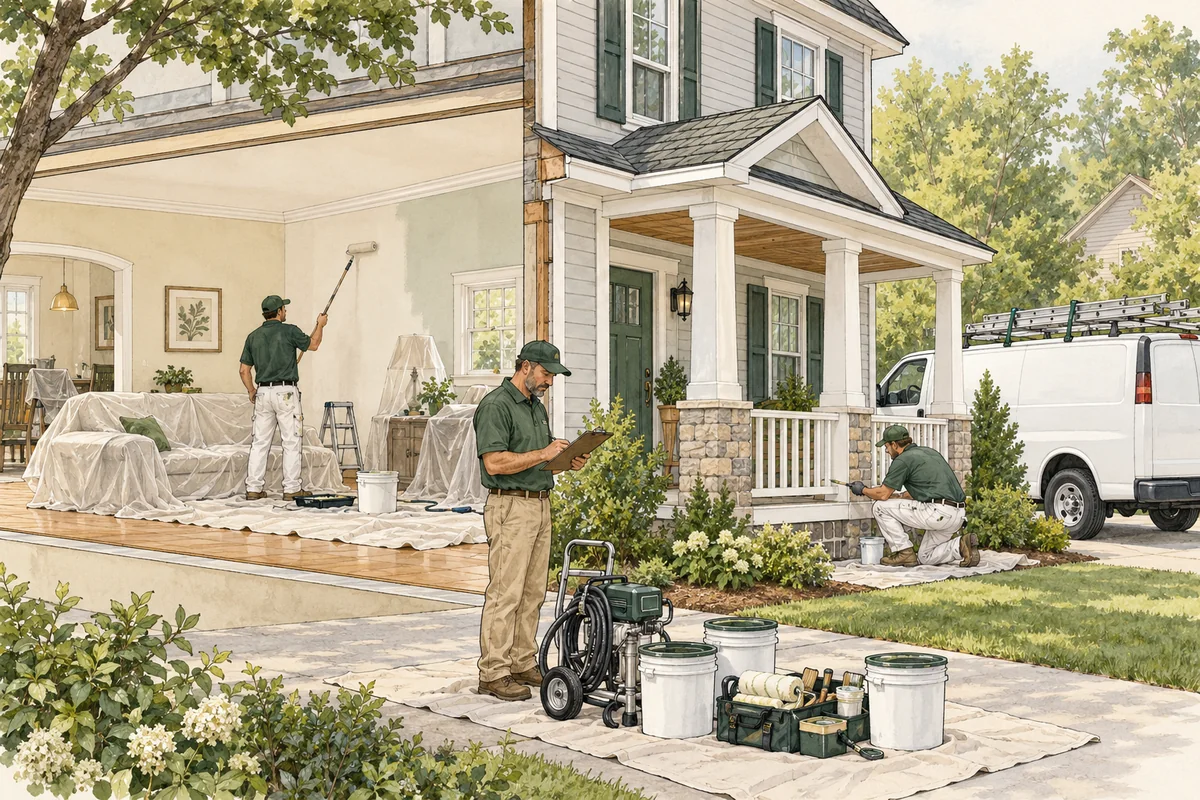 Illustration of Owner-led residential repaint crew with two employed painters; interior and exterior work; no industrial coatings or lead abatement.