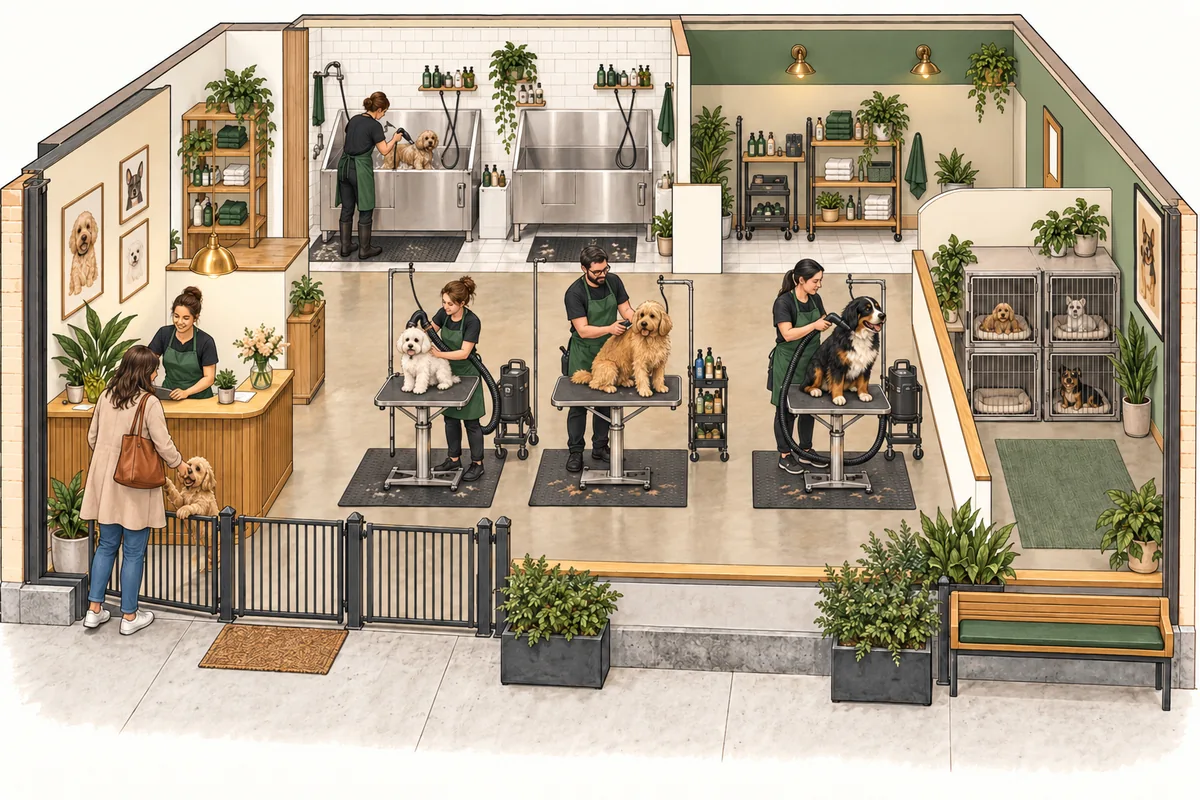 Illustration of Dog-only fixed salon with three employed groomers, one employed bather and a paid owner-manager; no boarding, mobile services, retail, training, cat grooming or veterinary care.
