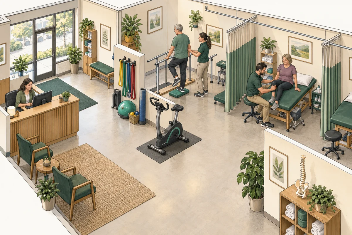 Ink and watercolor illustration of a small outpatient physical therapy clinic, with two therapists assisting patients at separate treatment stations and a reception desk.