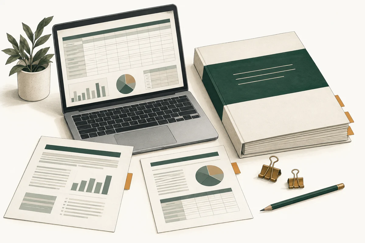 Concept illustration of a business plan, financial workbook and supporting documents.