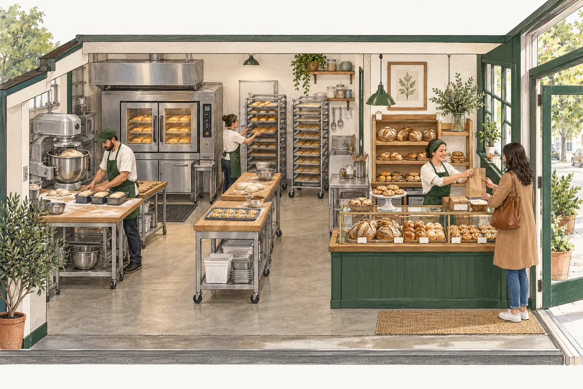 Illustration of On-site pan bread, sweet buns and cookies sold retail carryout; excludes café, drinks, wholesale, cakes, delivery and property purchase.