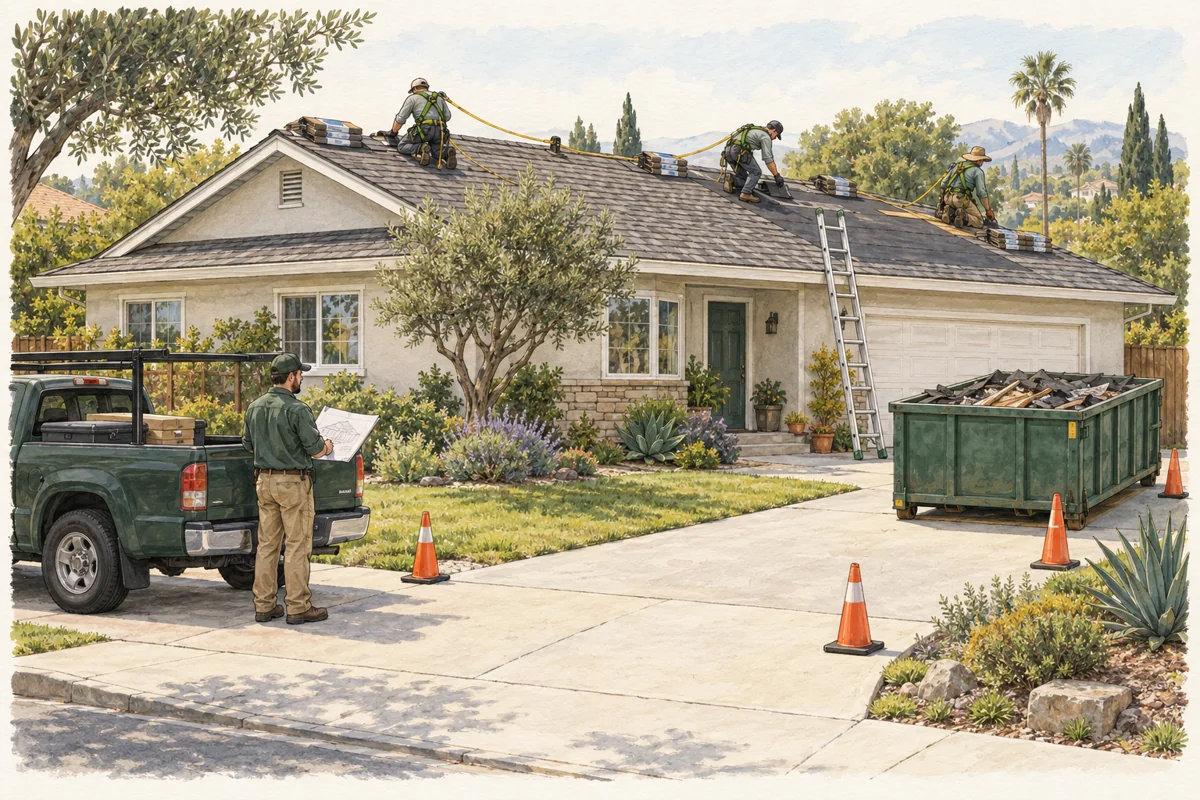 Illustration of California residential asphalt-shingle replacement contractor with a licensed subcontract installation crew and one employed repair/logistics technician.