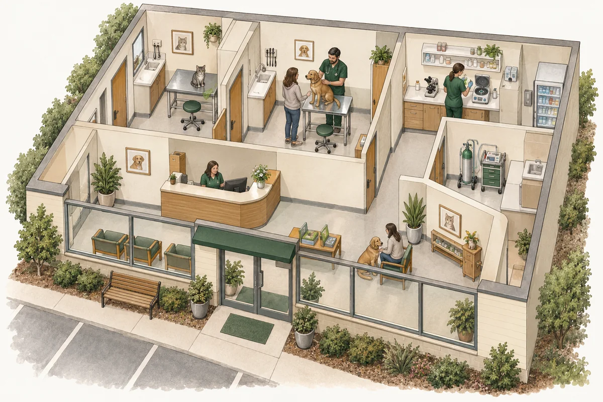 Conceptual outpatient veterinary clinic with two examination rooms, reception and a basic sample-work area; no overnight or surgical hospital.
